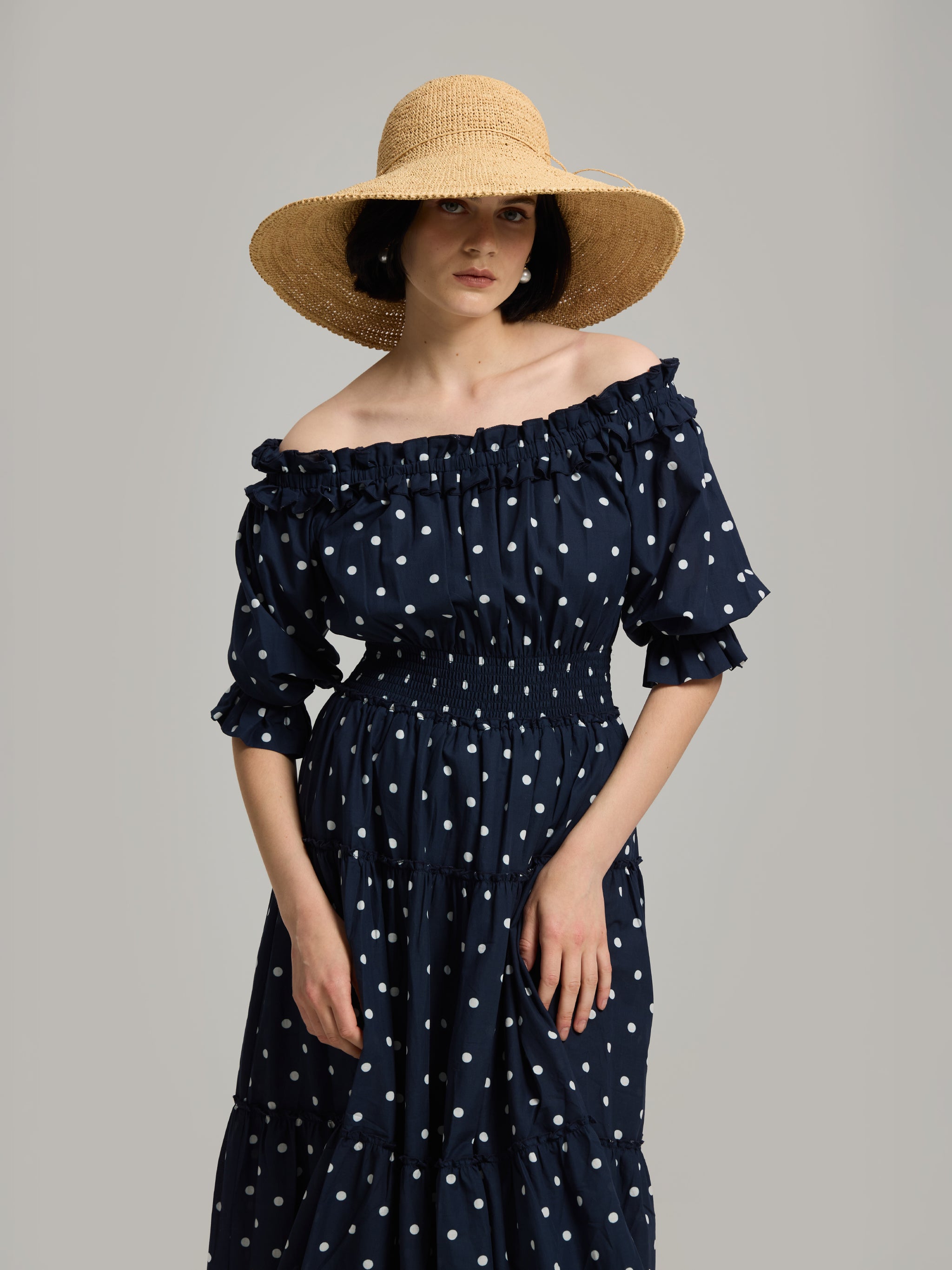 blue polka dot off the shoulder dress Louisa Navy Off-shoulder with White Dots – Andiata high split maxi dress Flattering Summer Dress from Shoe size:40 launchdate:7/8/2025
