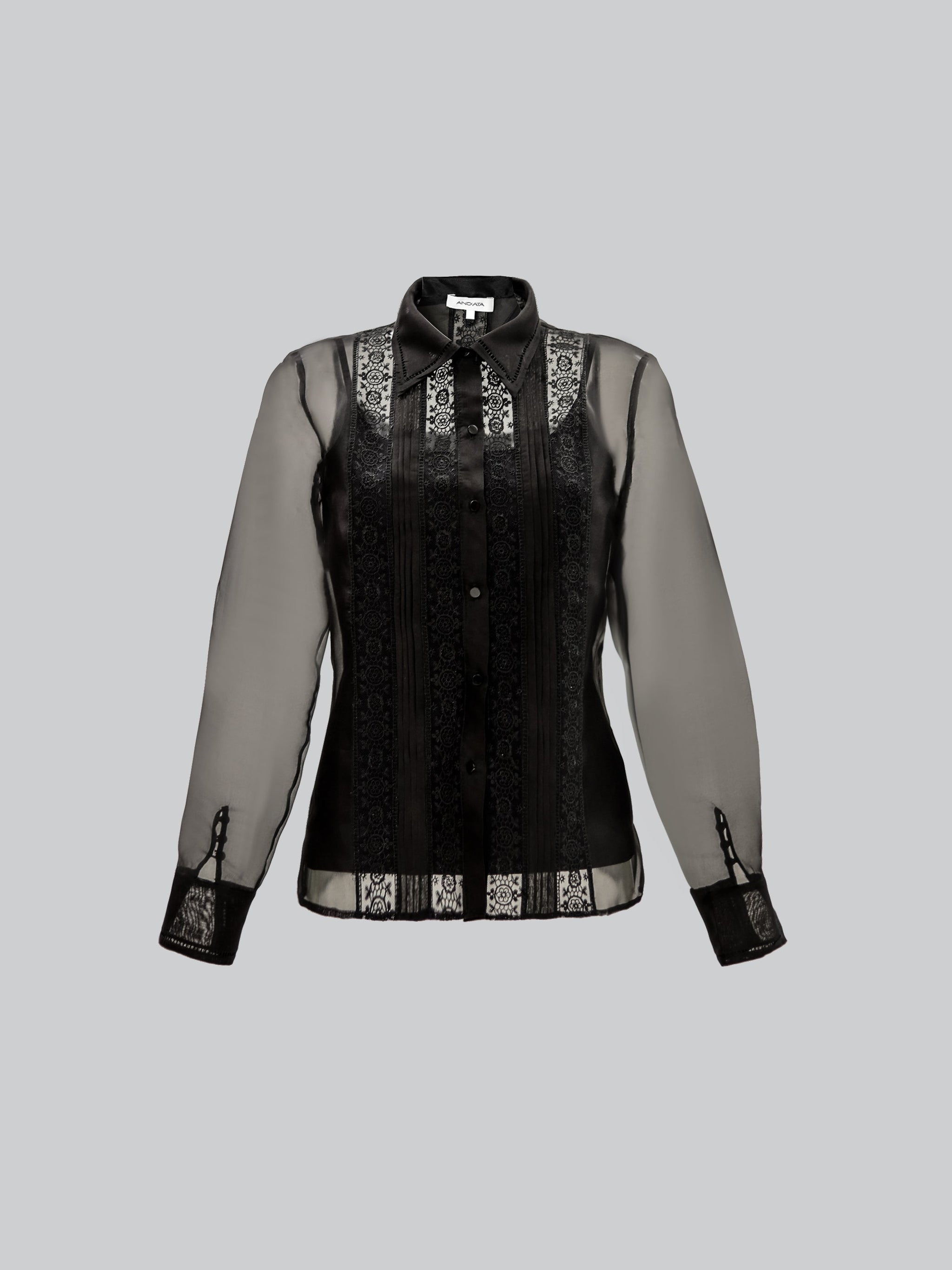 Eeda Silk Organza Shirt with Asymmetrical Patchwork - Black