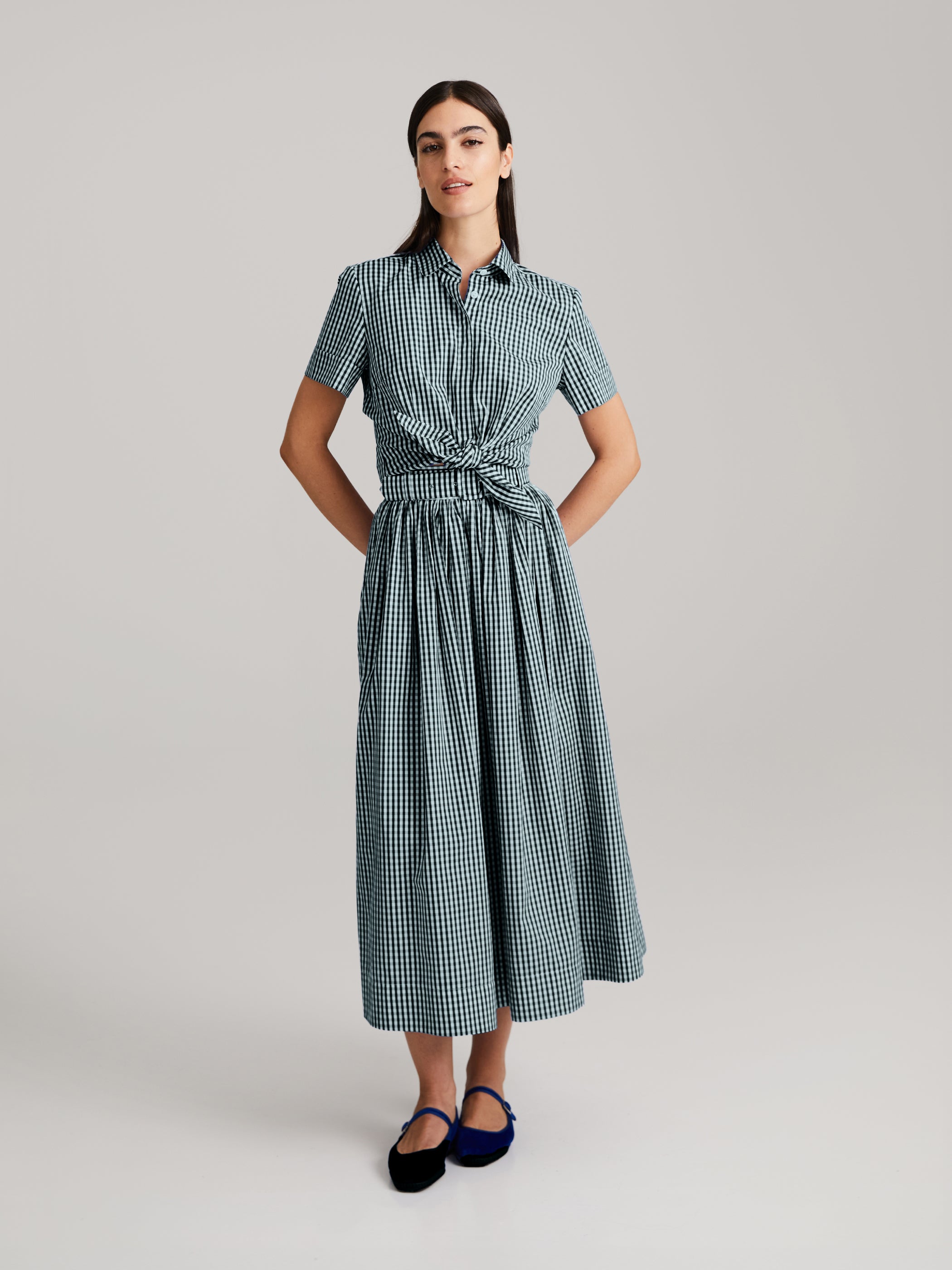 Fiia Gathered A-line Midi Skirt in Green Gingham Pattern – Andiata