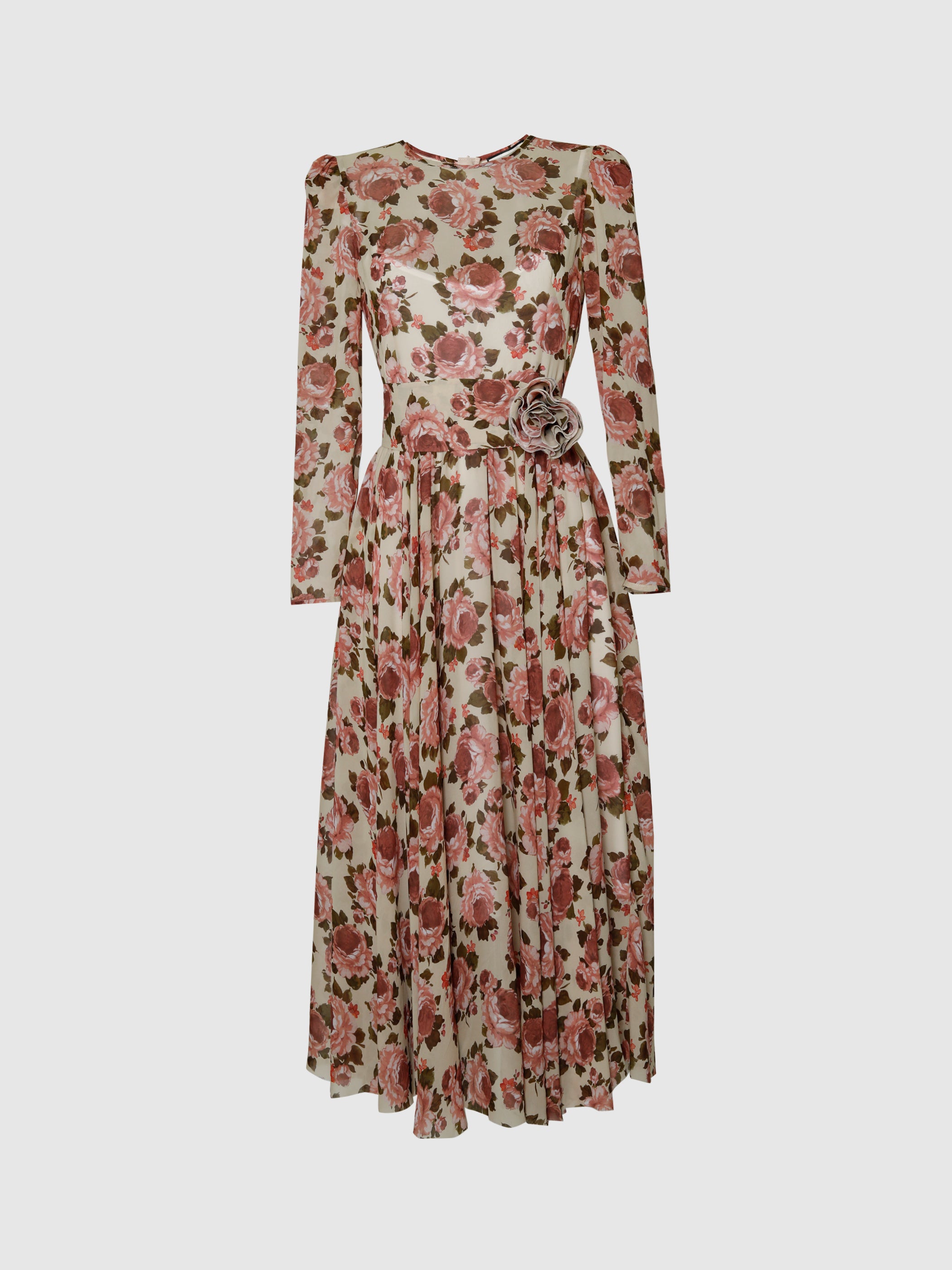 Cyndy Mekko – beige, kukallinen, midi-mekko, pyöreä pääntie, pitkät hihat, laskeutuva siluetti, ruusuprintti