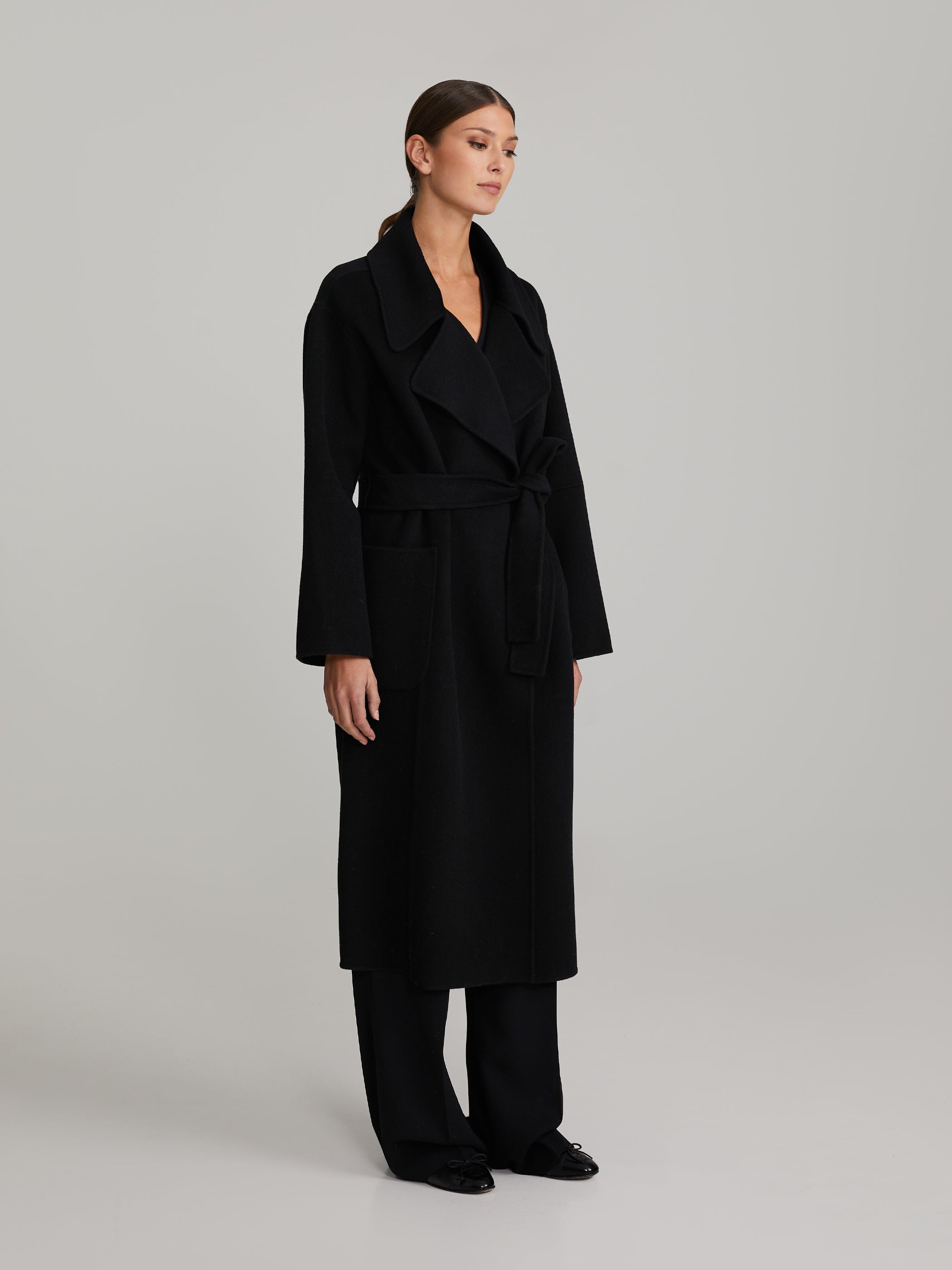 Long black clearance belted wool coat