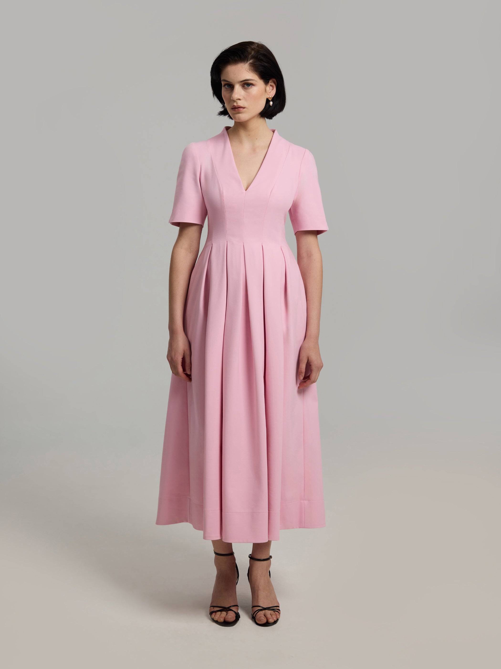 Julitta Pink A-line Mid-length Dress with 3/4 sleeves and V