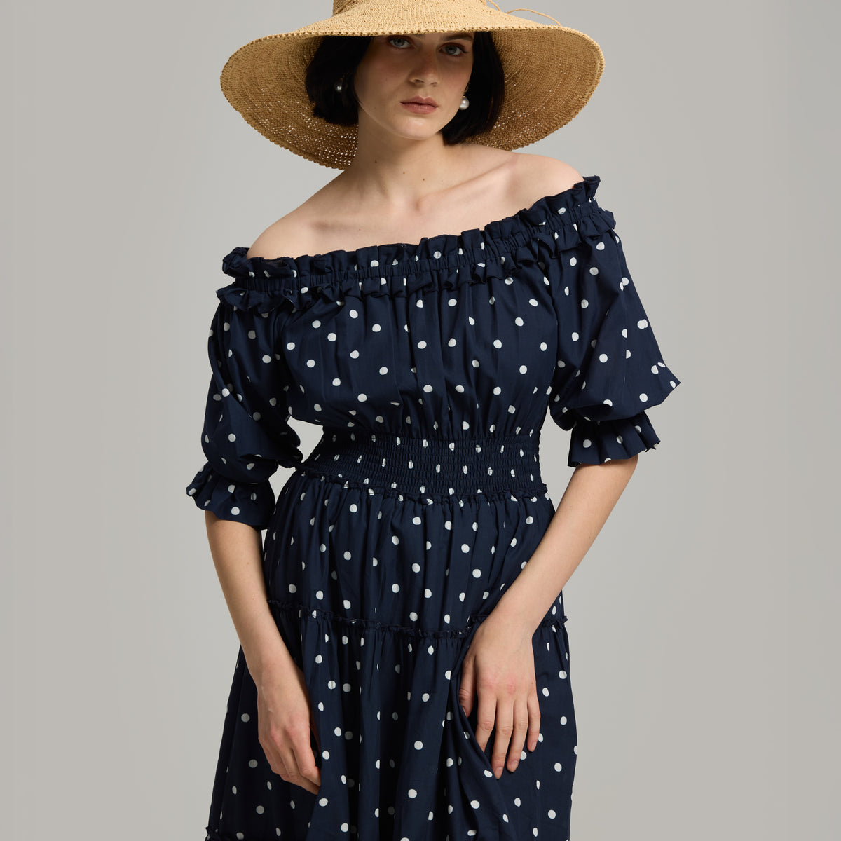 Louisa Navy Blue Off-shoulder Dress with White Polka Dots – Andiata
