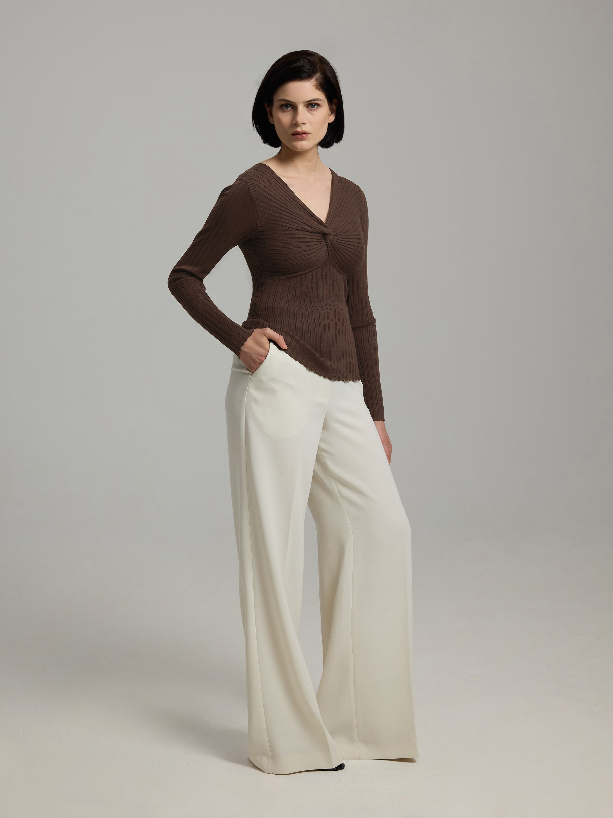 Polly Mocha Brown Rib-Knit Blouse with Knot Detail – Andiata