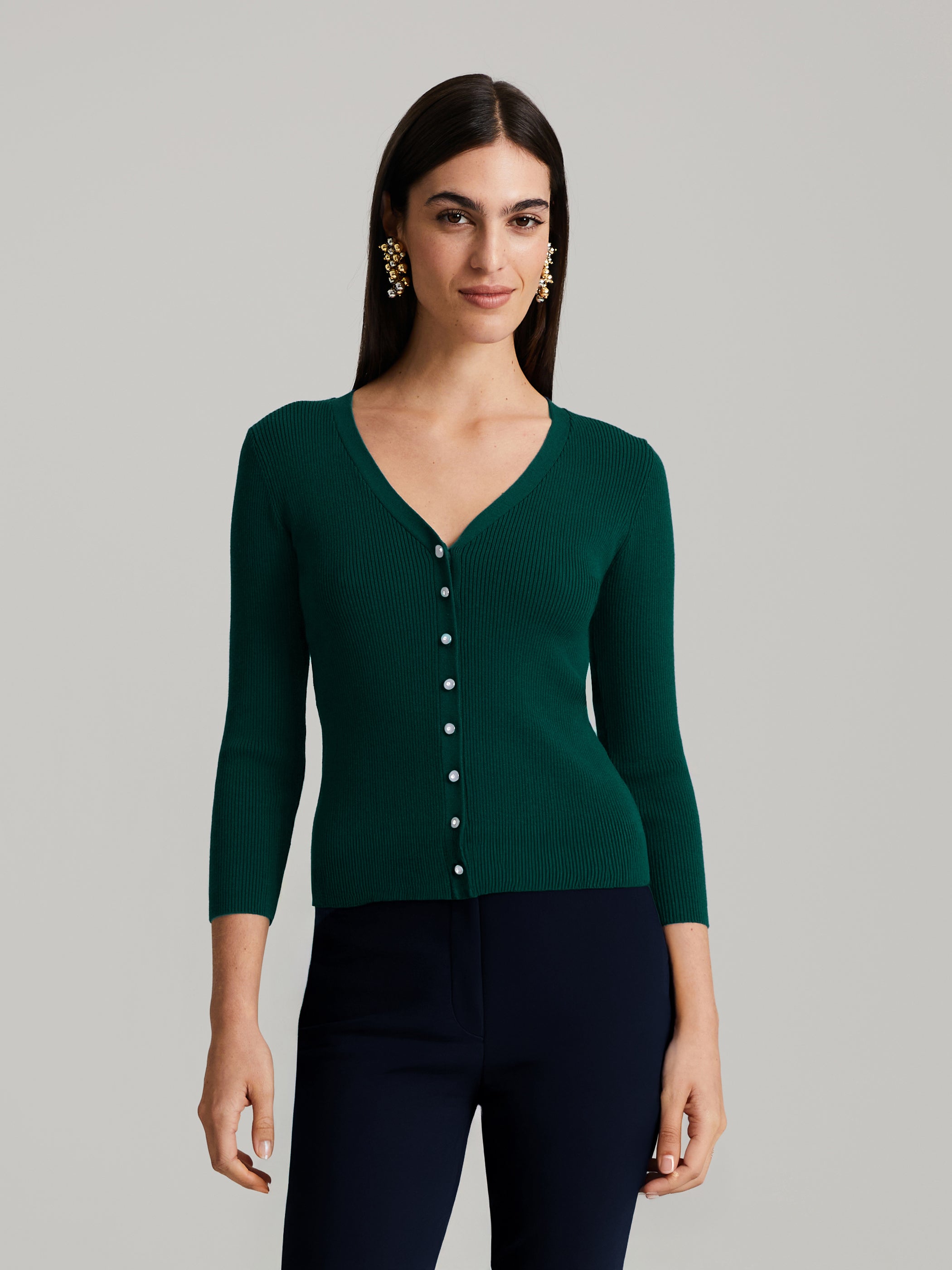 Stacie Teal Green Rib-Knit Slim-fit Cardigan with 3/4 Sleeves