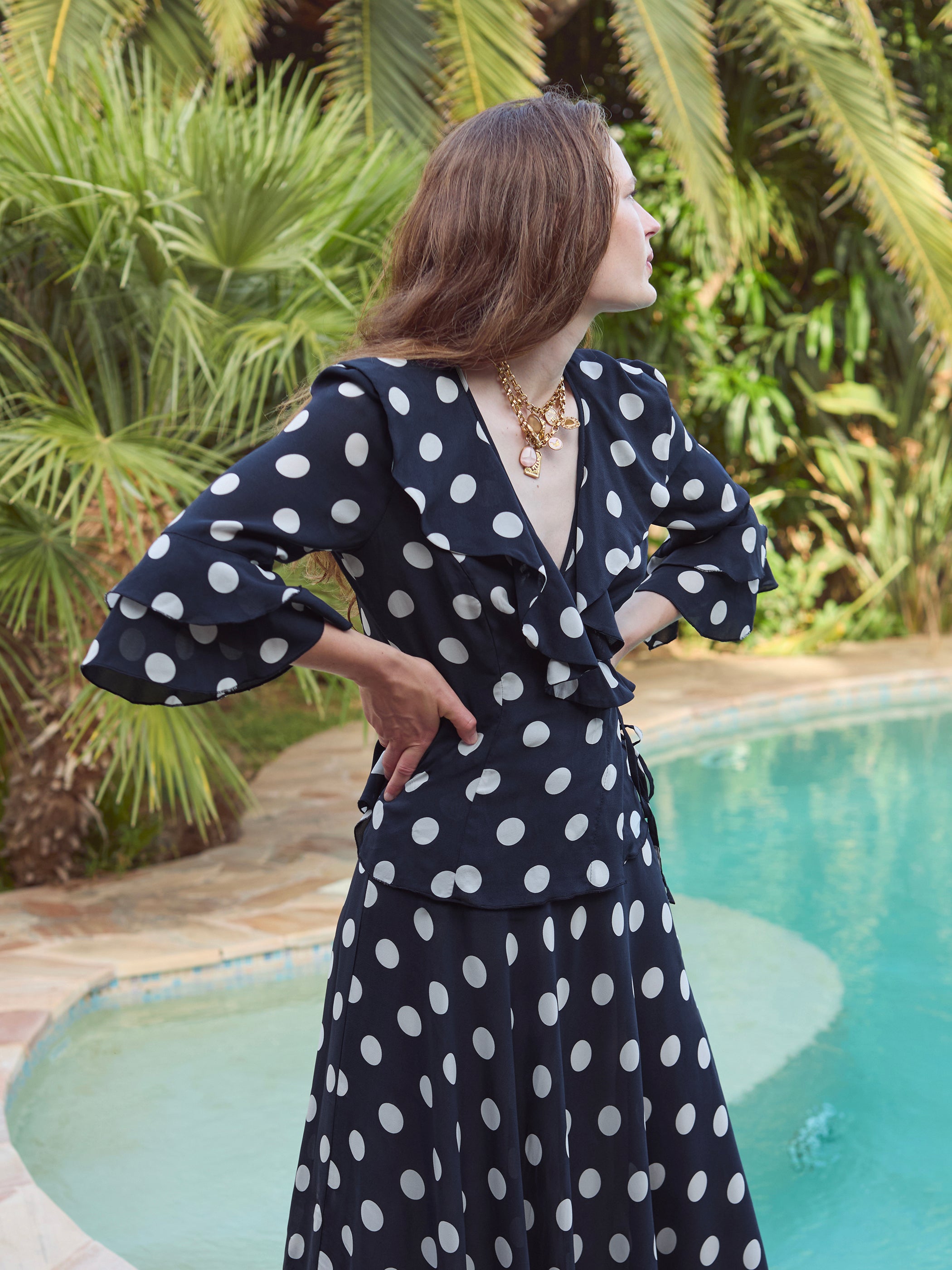 Yendi Navy Blue Polka Dot Wrap Blouse – Andiata