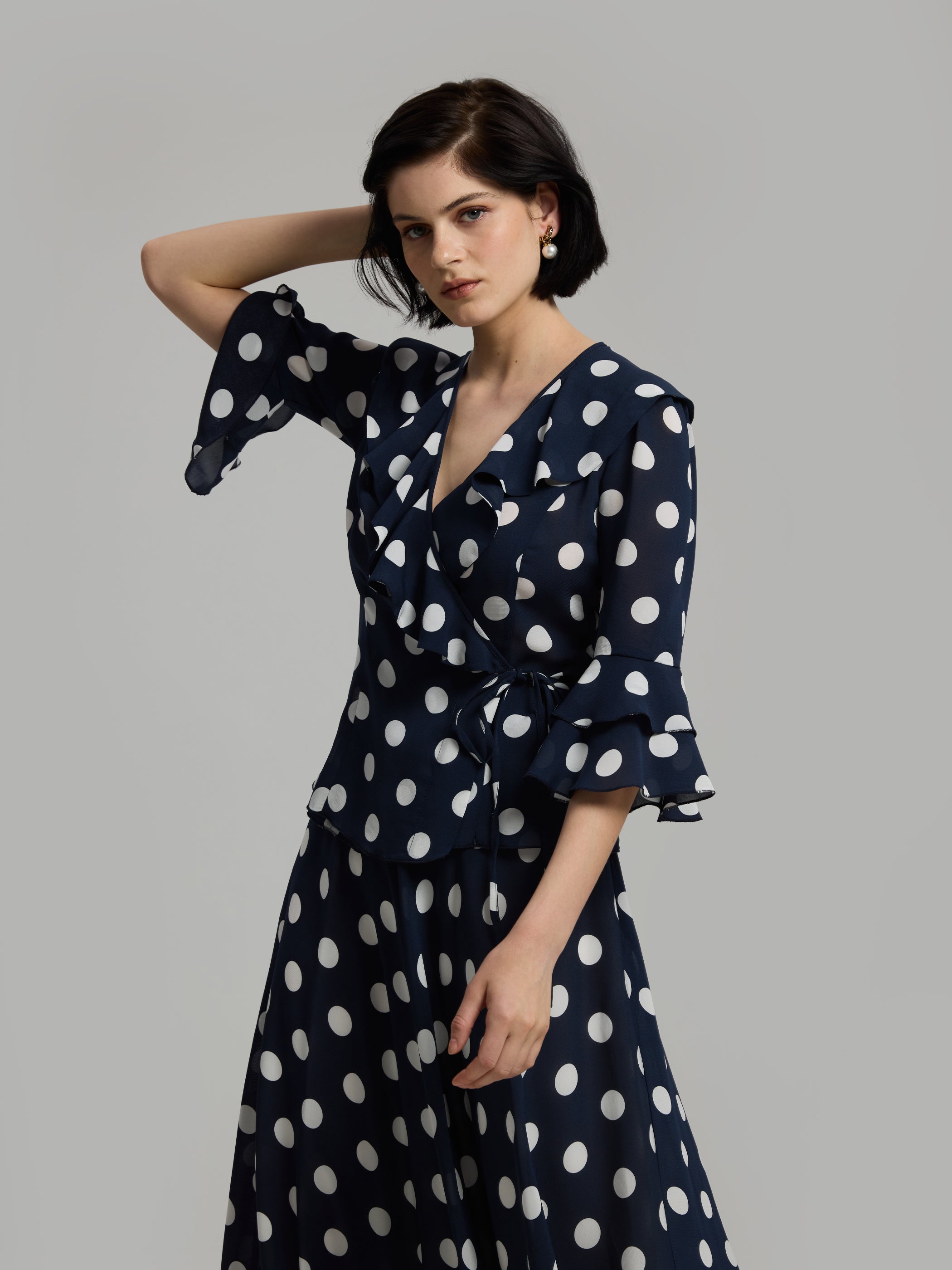 Yendi Navy Blue Polka Dot Wrap Blouse – Andiata